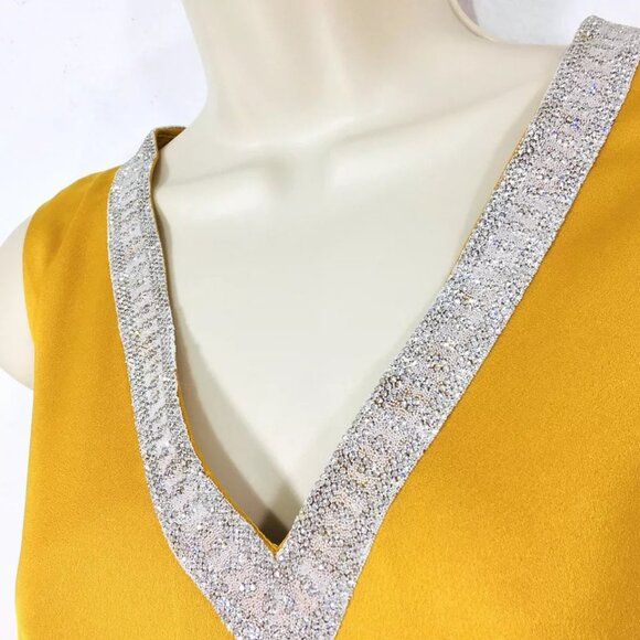 F & P Paris Marigold Satin Bejeweled Dress Sz M Open Flowing Back Panels - Picture 5 of 10